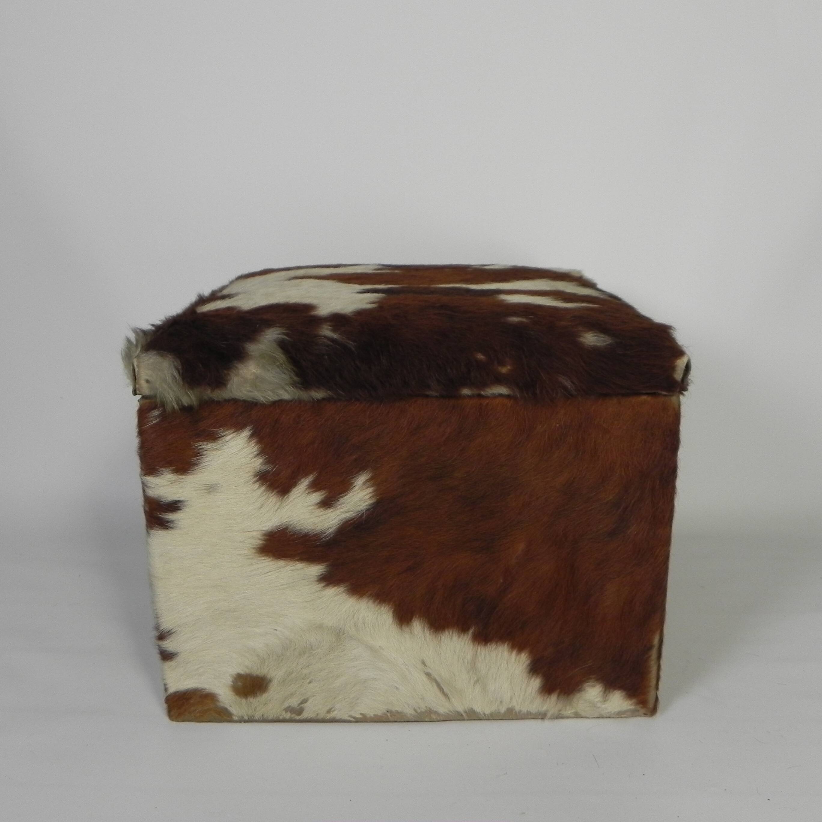 Vintage pouffe, storage chest upholstered in cowhide, Netherlands 1950s