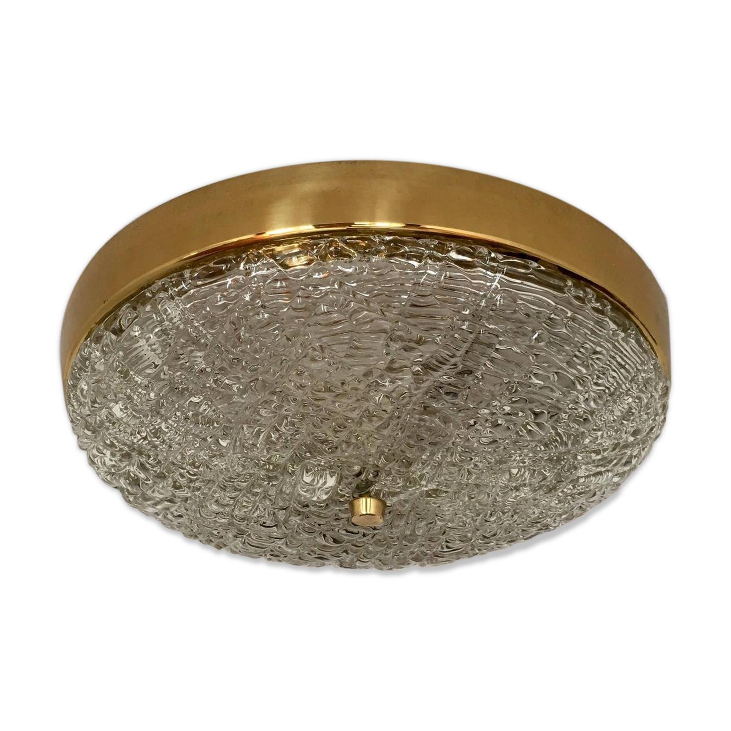 Impressive Mid Century Modern brass and ice glass ceiling lamp