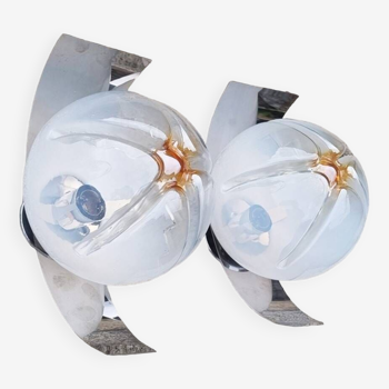 Pair of steel and opaline wall lights, Vittorio Mazzega design, vintage, 70s