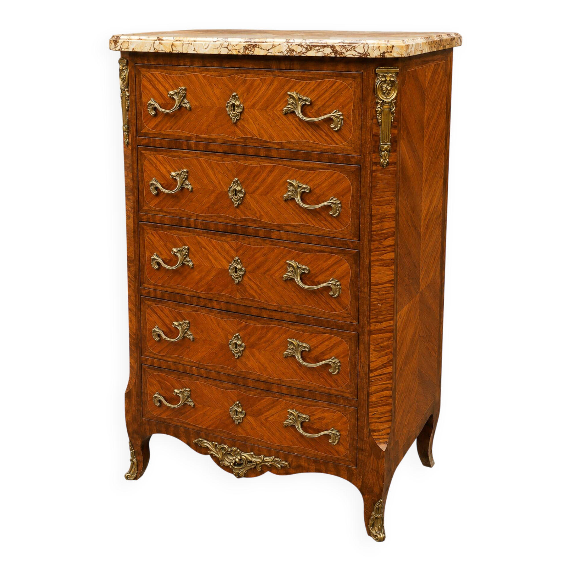 Louis XV style chest of drawers, Rosewood veneer and marquetry.