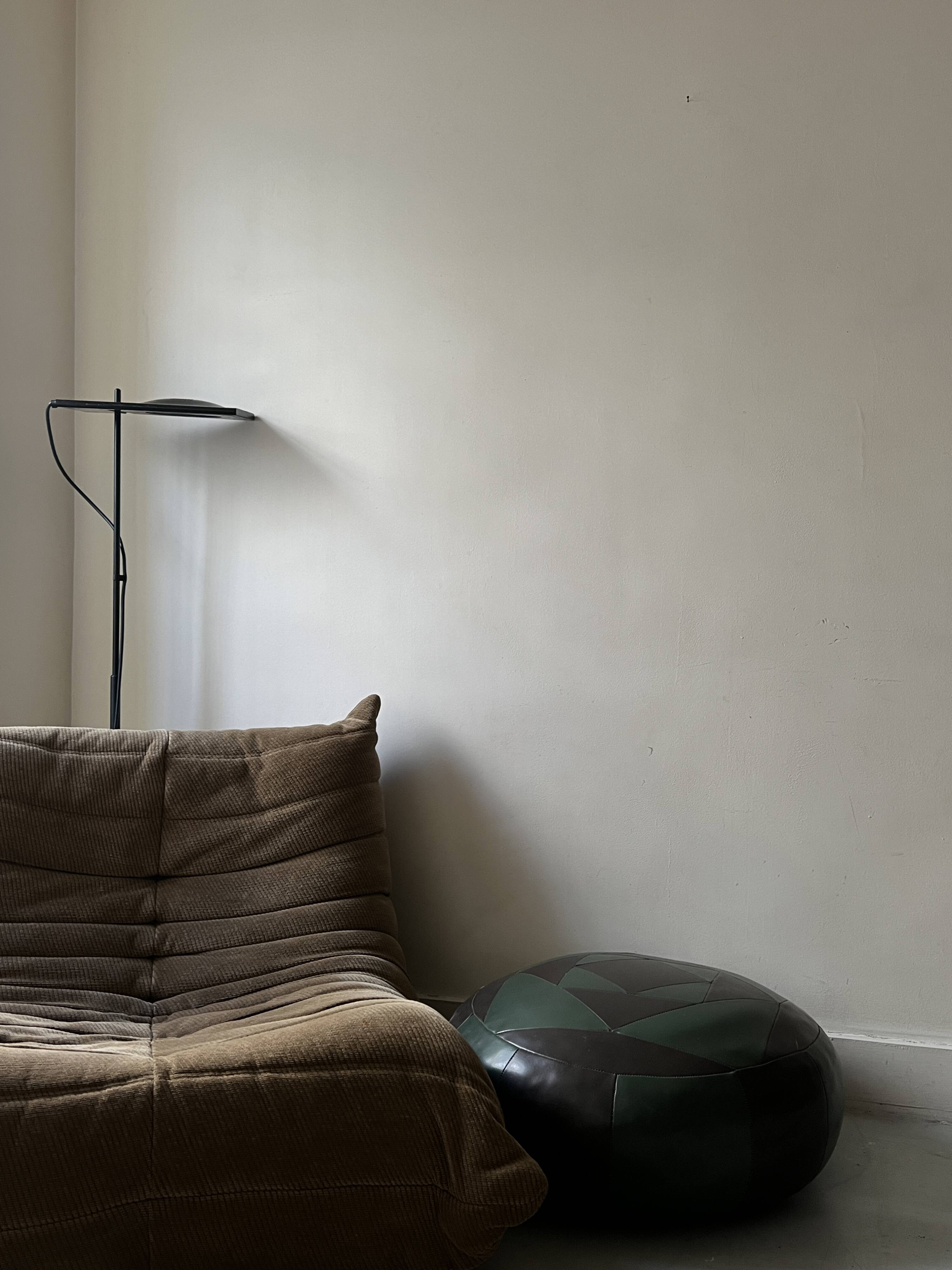 round pouf in genuine green and brown patchwork leather, 1970