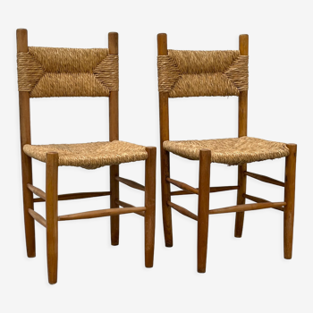 Pair of wooden chairs with seat and straw back