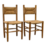 Pair of wooden chairs with seat and straw back