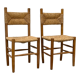 Pair of wooden chairs with seat and straw back