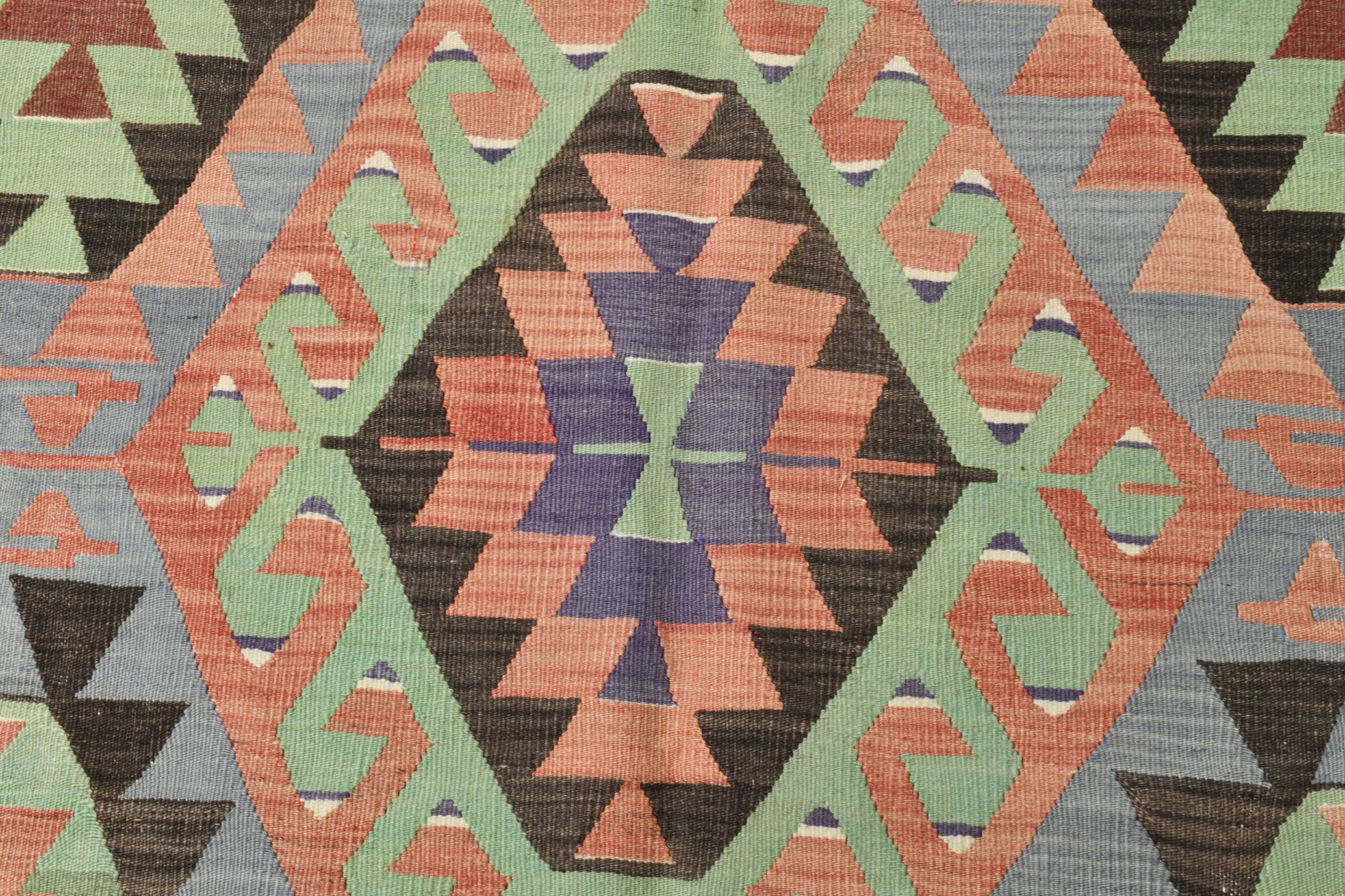 6x9 Green & Blue Tribal Pattern Vintage Kilim Rug, 177x266Cm