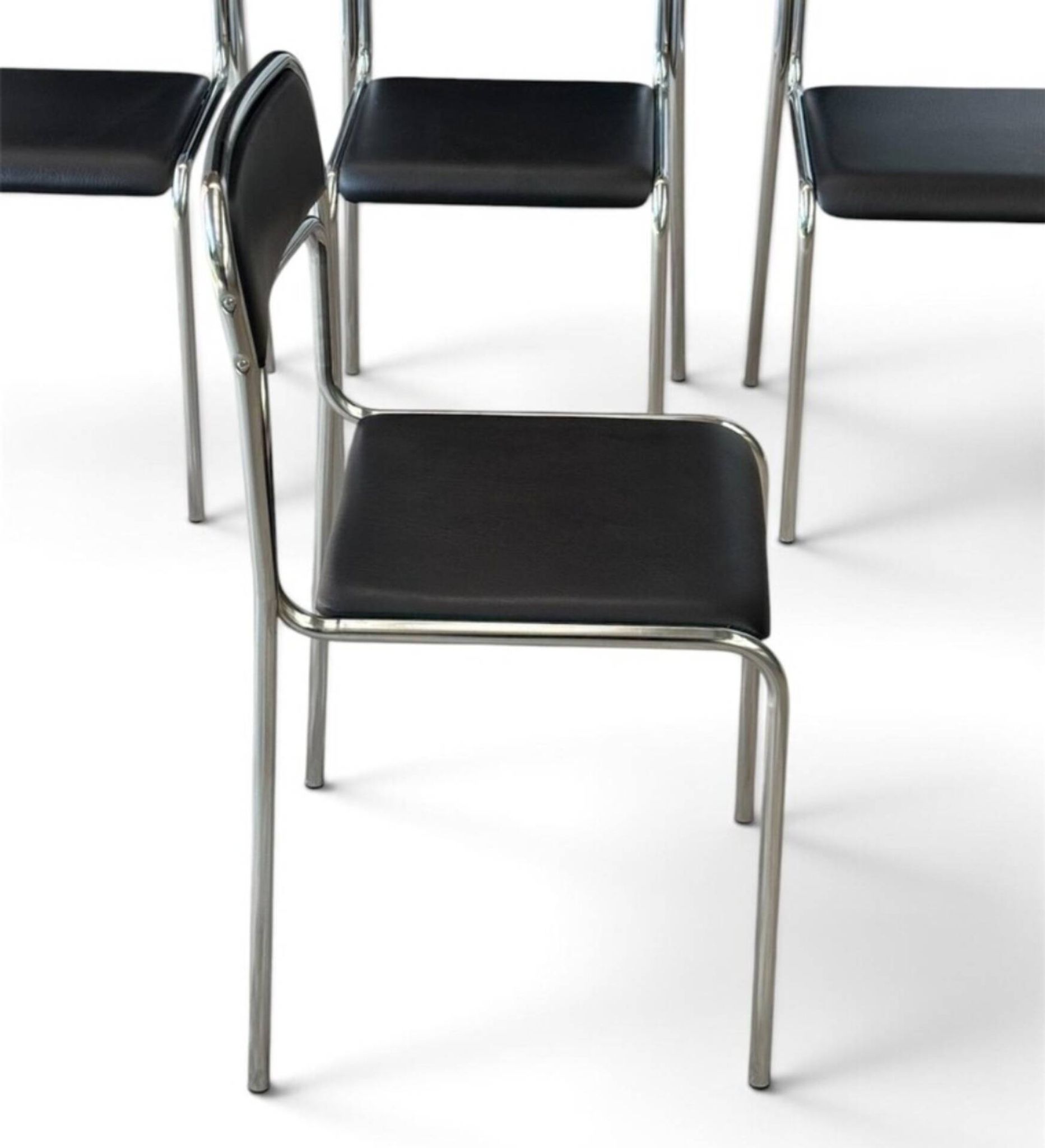 Bauhaus Style Tubular Steel Chairs, Black Faux Leather, Italian Modernist Dining Room