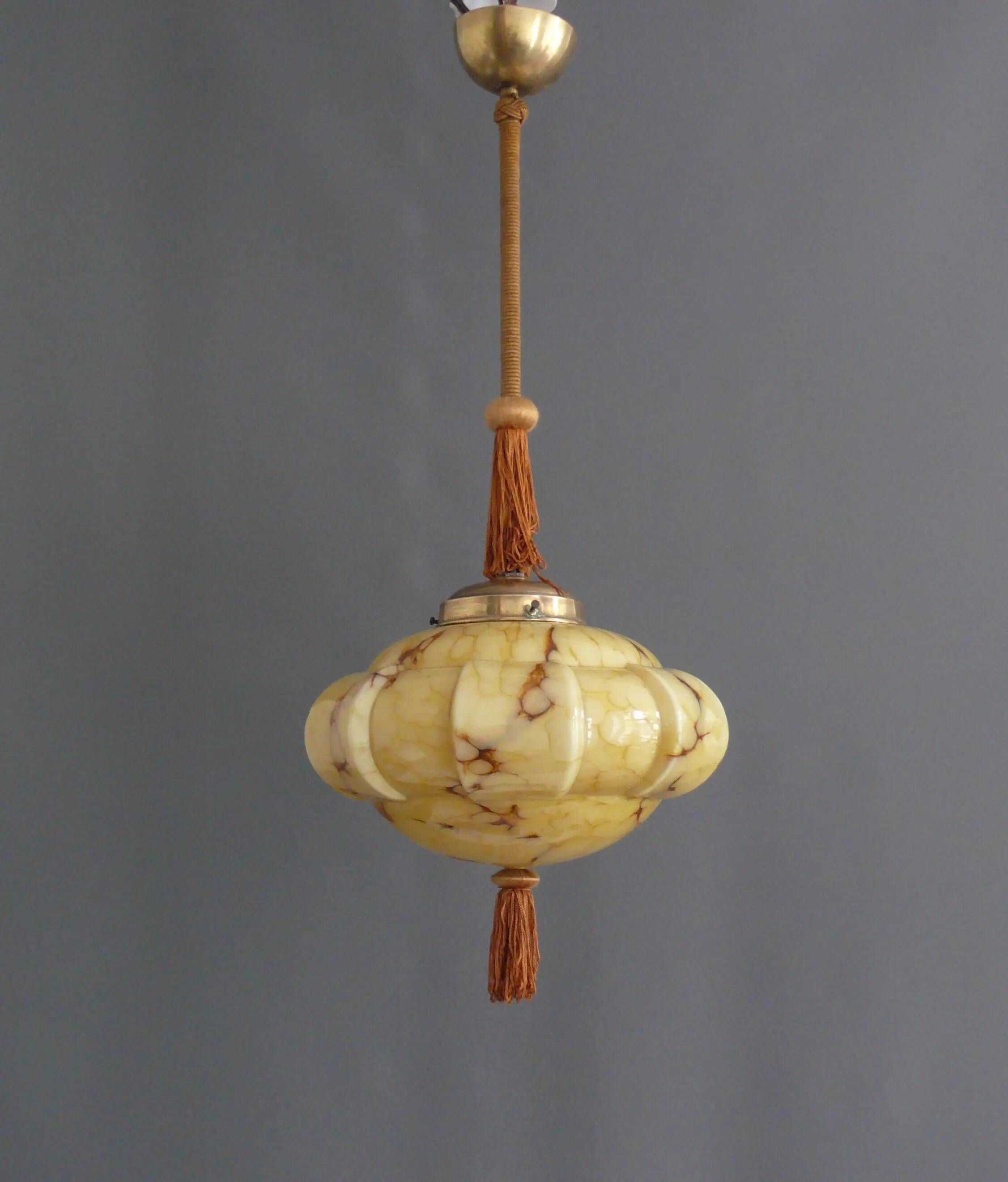 Art Deco Hanging Light with Wrapped Stem, Marble Effect, Metal and Brass - 1930s