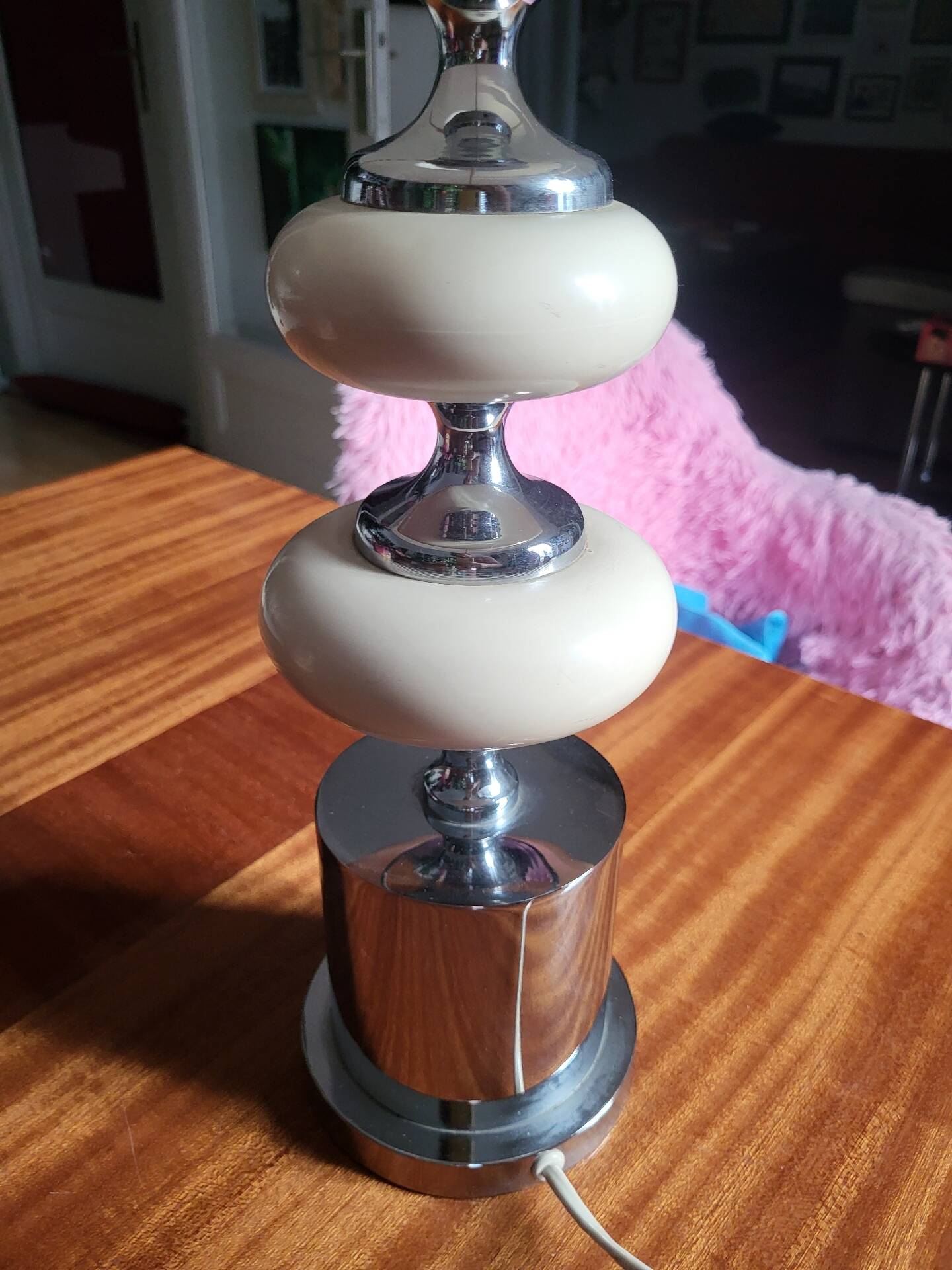 Large Vintage 1970 Space Age Chrome & Wood Lamp