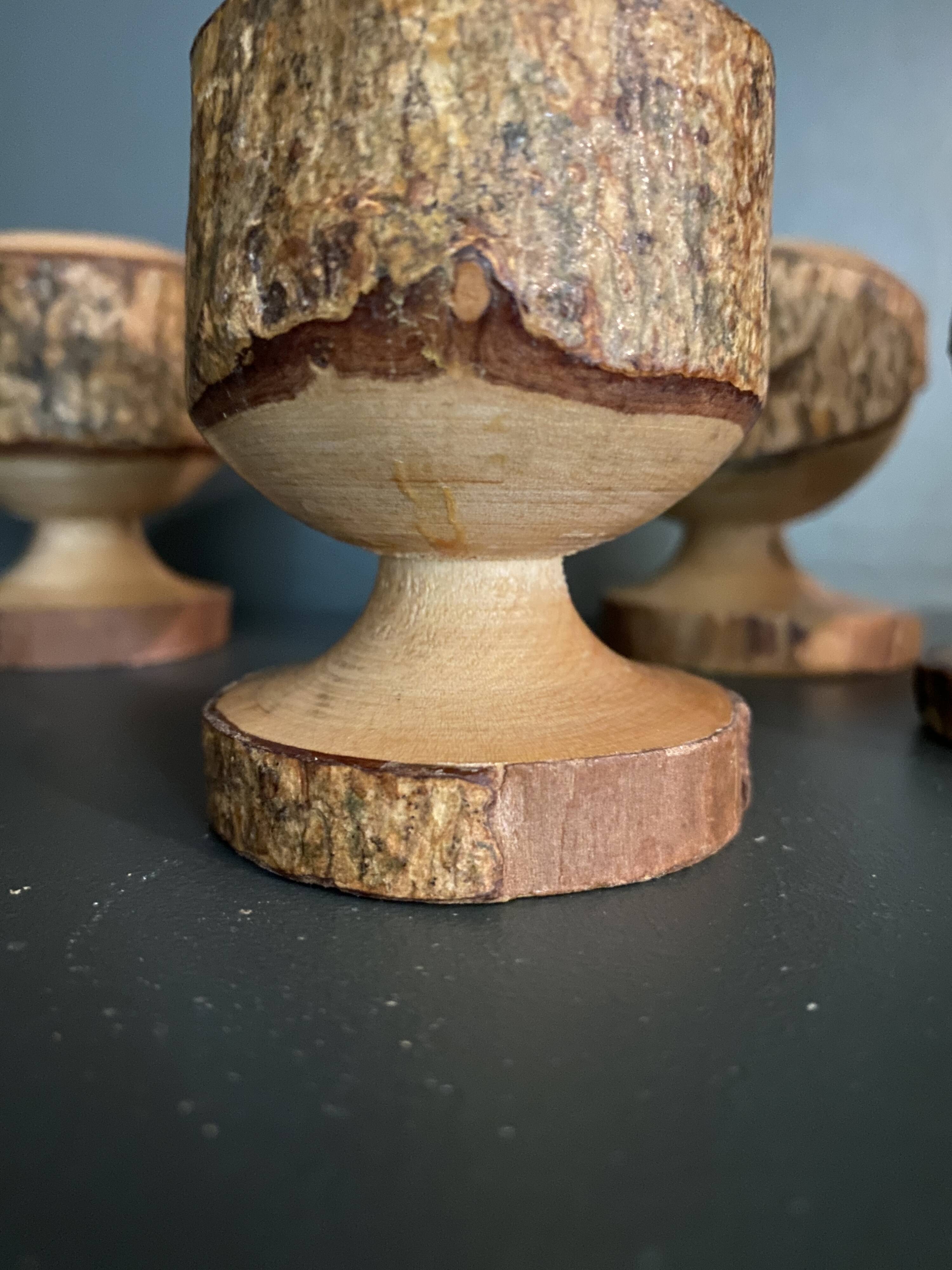 Brutalist egg cups in vintage raw solid wood