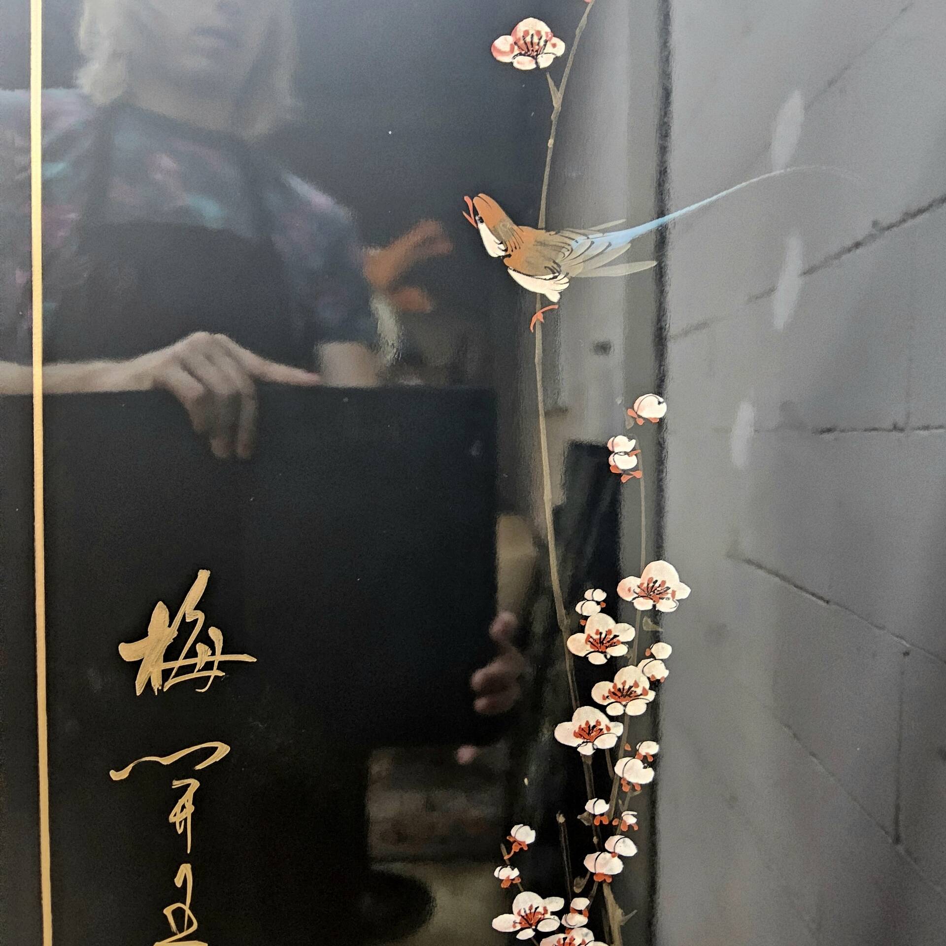 Vintage Chinese lacquer cabinet with black flowers and birds / bohemian