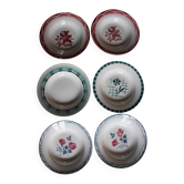 6 mismatched soup plates Digoin Sarreguemines red blue green