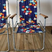 Pair of vintage camping chairs floral and wood fabrics 70s