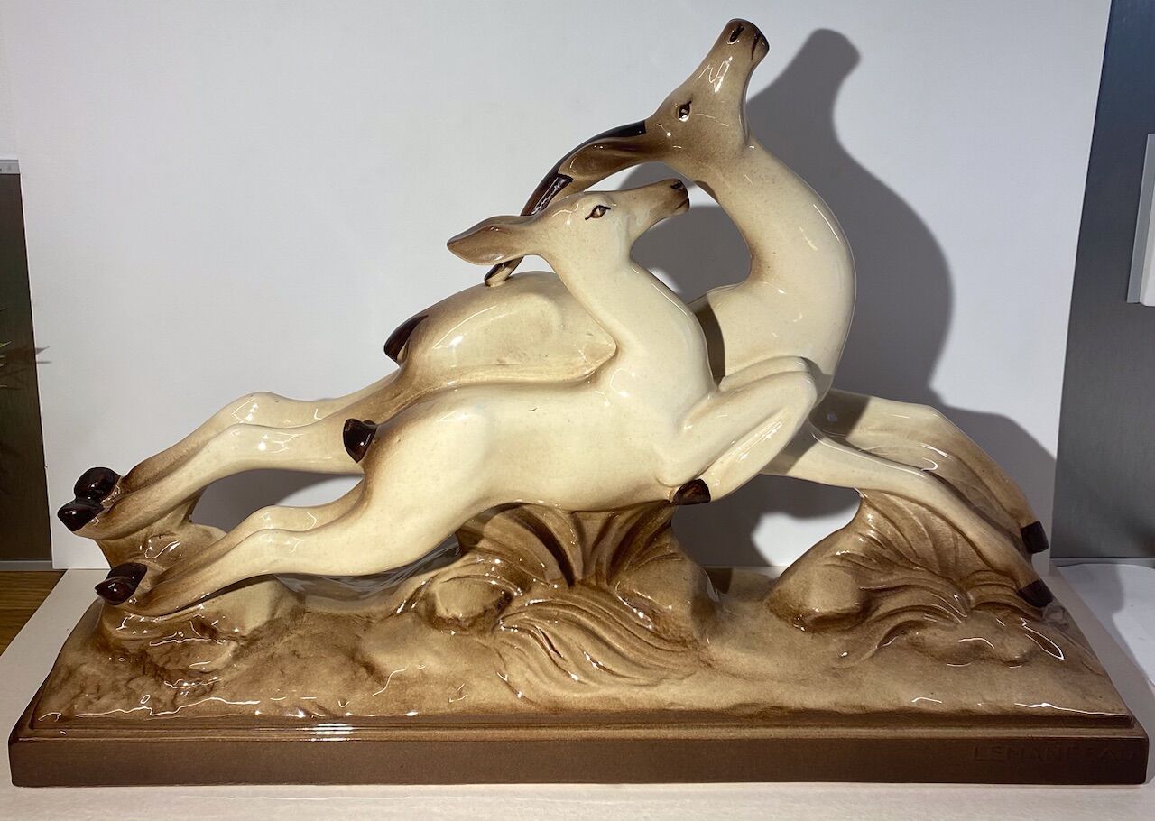 Ceramic deer and doe signed Lemanceau (1905-1980)