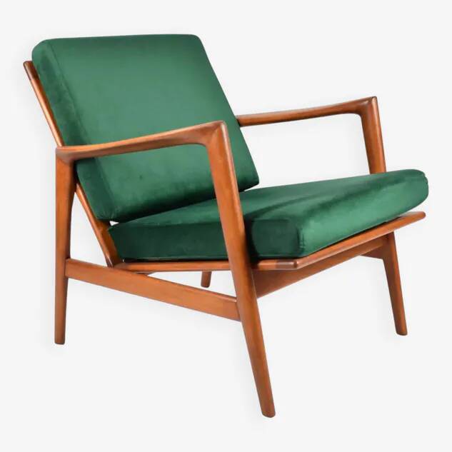 Fauteuil scandinave restauré, icône des années 60, velours