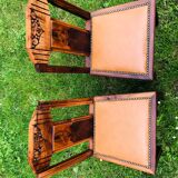 Pair of vintage art deco chairs in wood and camel Skai
