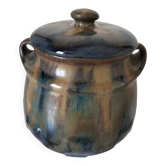 Flamed stoneware sugar bowl Denbac signed – night blue and bronze reflections
