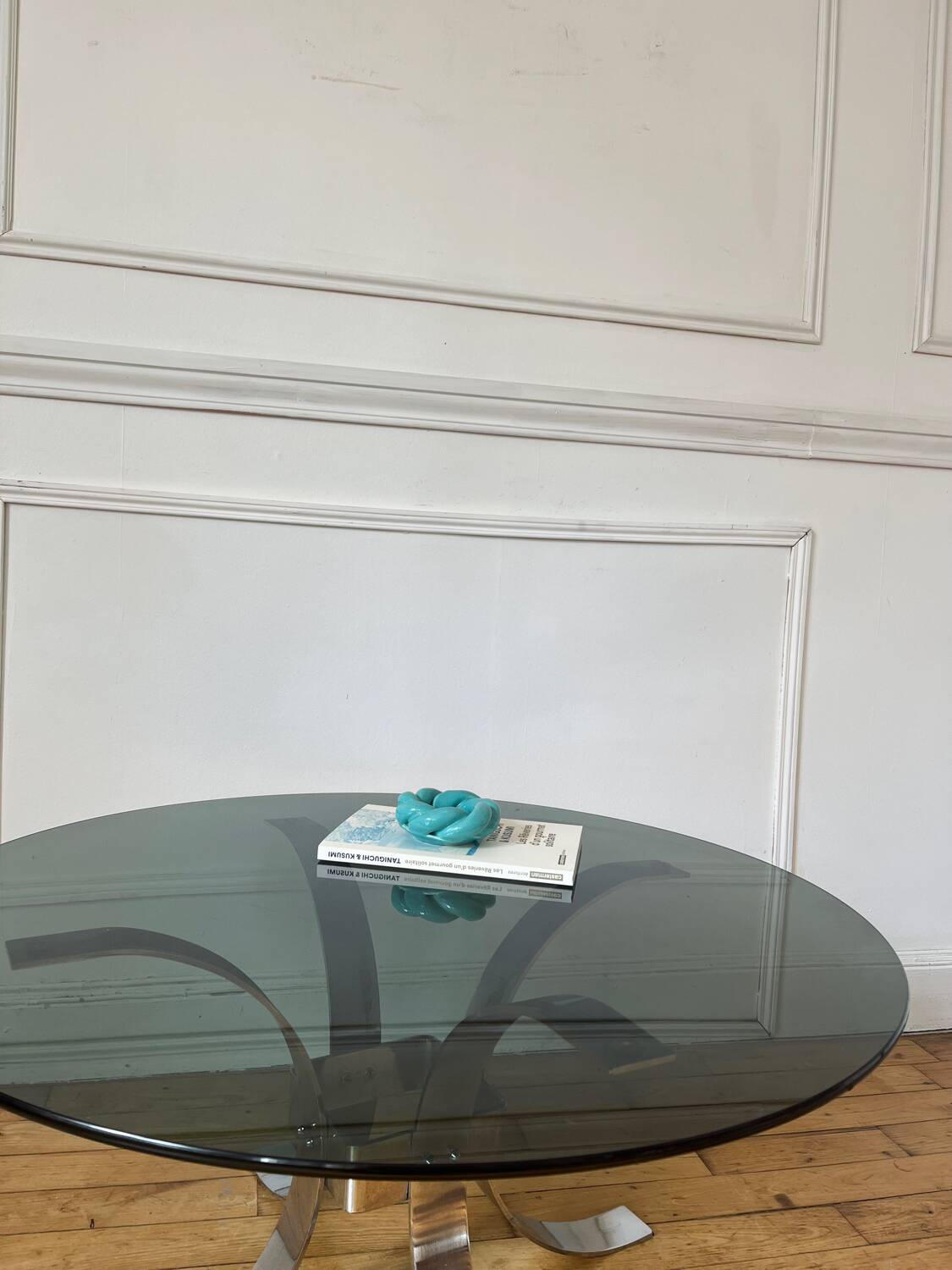 Round smoked glass coffee table from the 70s