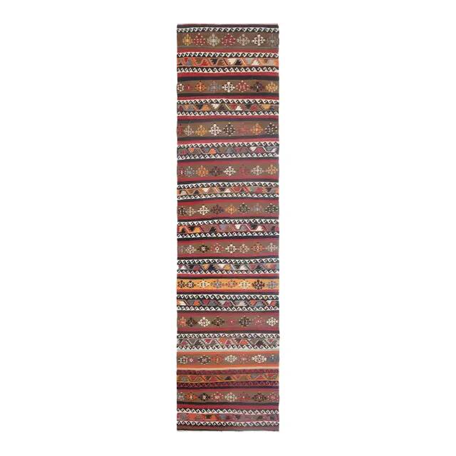 Tapis Kilim coloré en laine et coton fait main turc vintage des années 1970 98x405