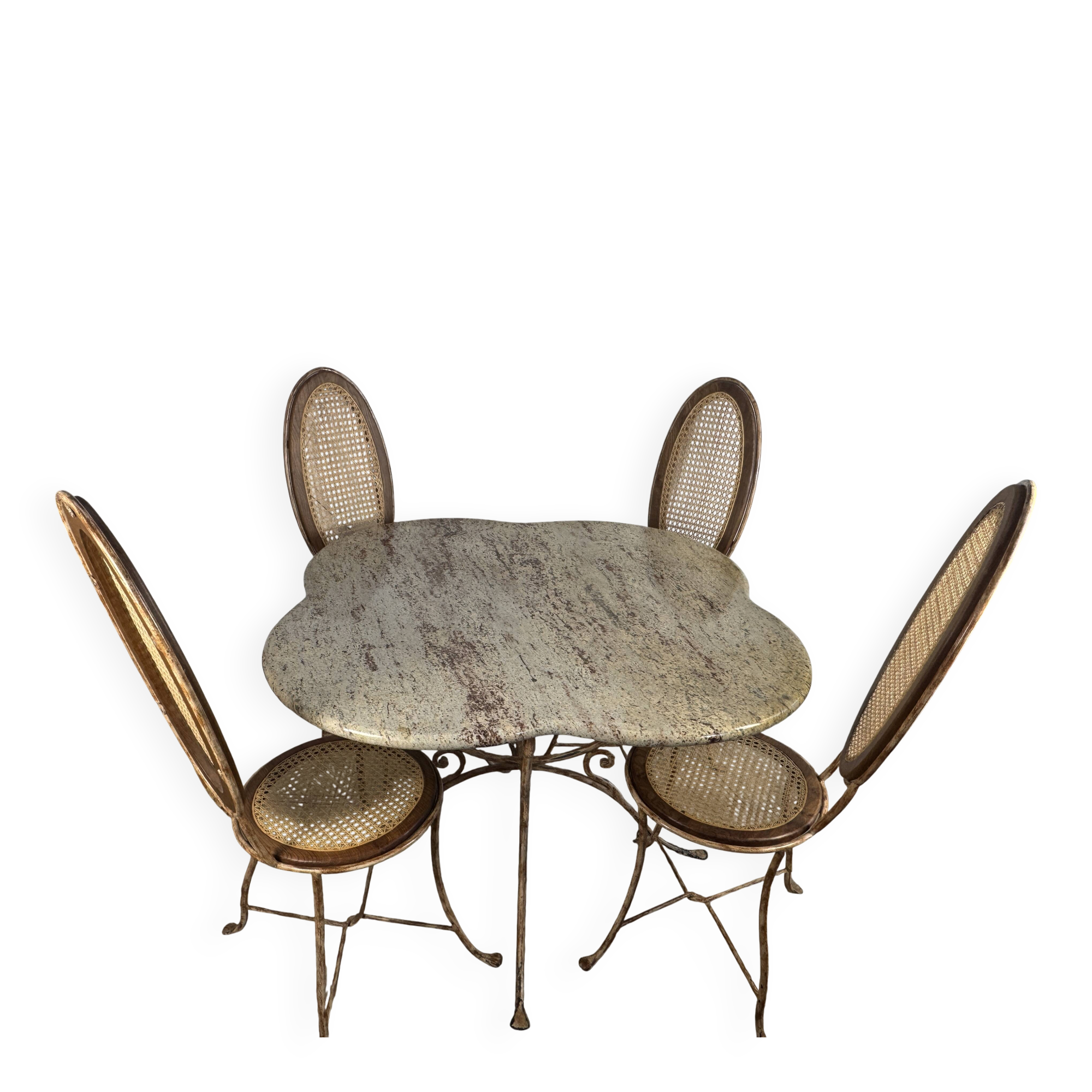 Ensemble table + 4 chaises fer forgé patiné, plateau granit Kashmir, cannag