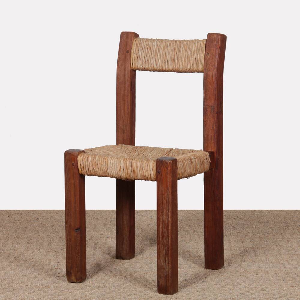 Rush seat chair in solid wood, French craftsmanship, 1950.