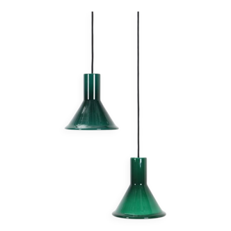 Set of 2 Holmegaard / Michael Bang “Mini P&T” pendant lights / handmade glass / lamps / green / 1970s
