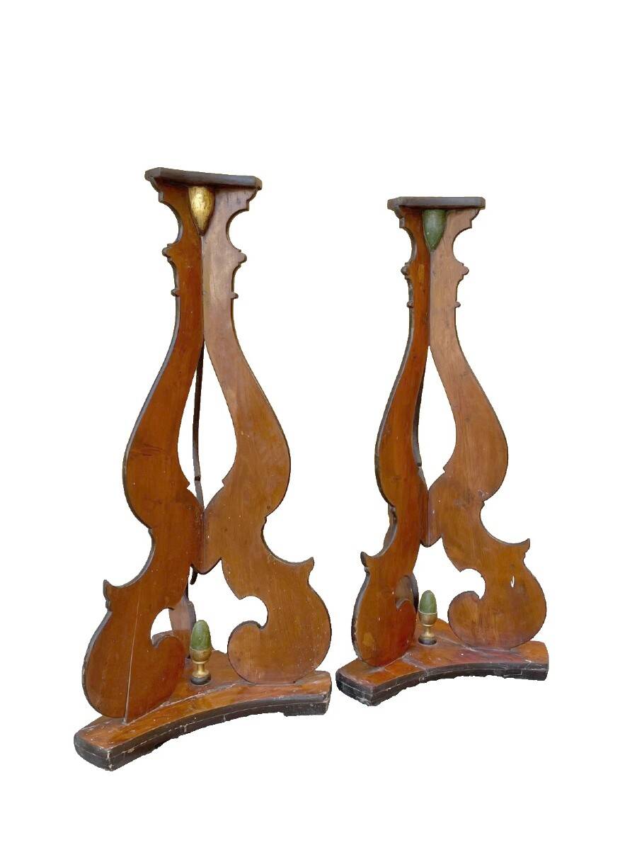 Large pair of late 18th/early 18th century painted wooden candlesticks, bases, tripods