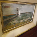 Tableau ancien avec son encadrement, signé jcc,  scène portuaire avec phare