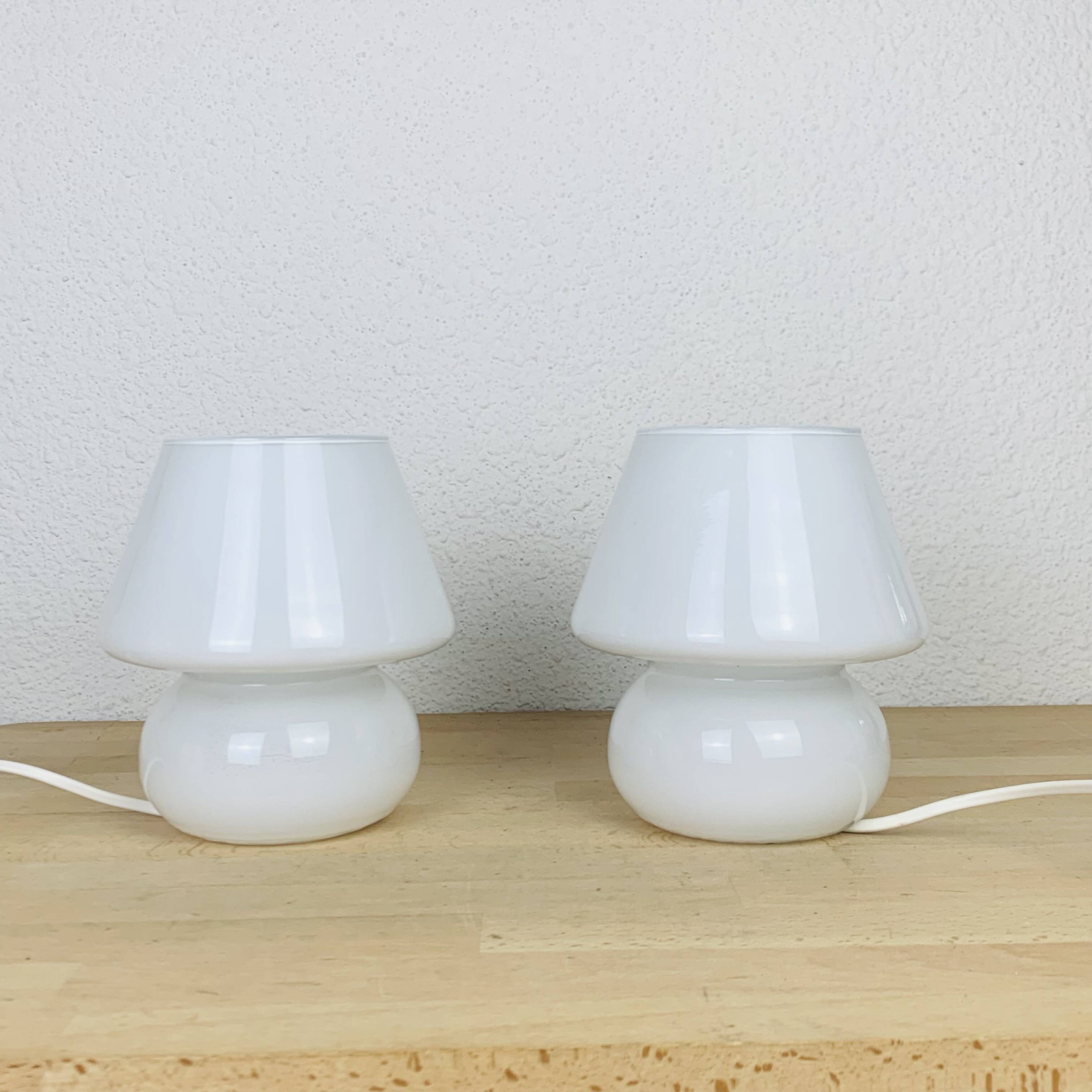 Pair of white opaline mushroom lamps