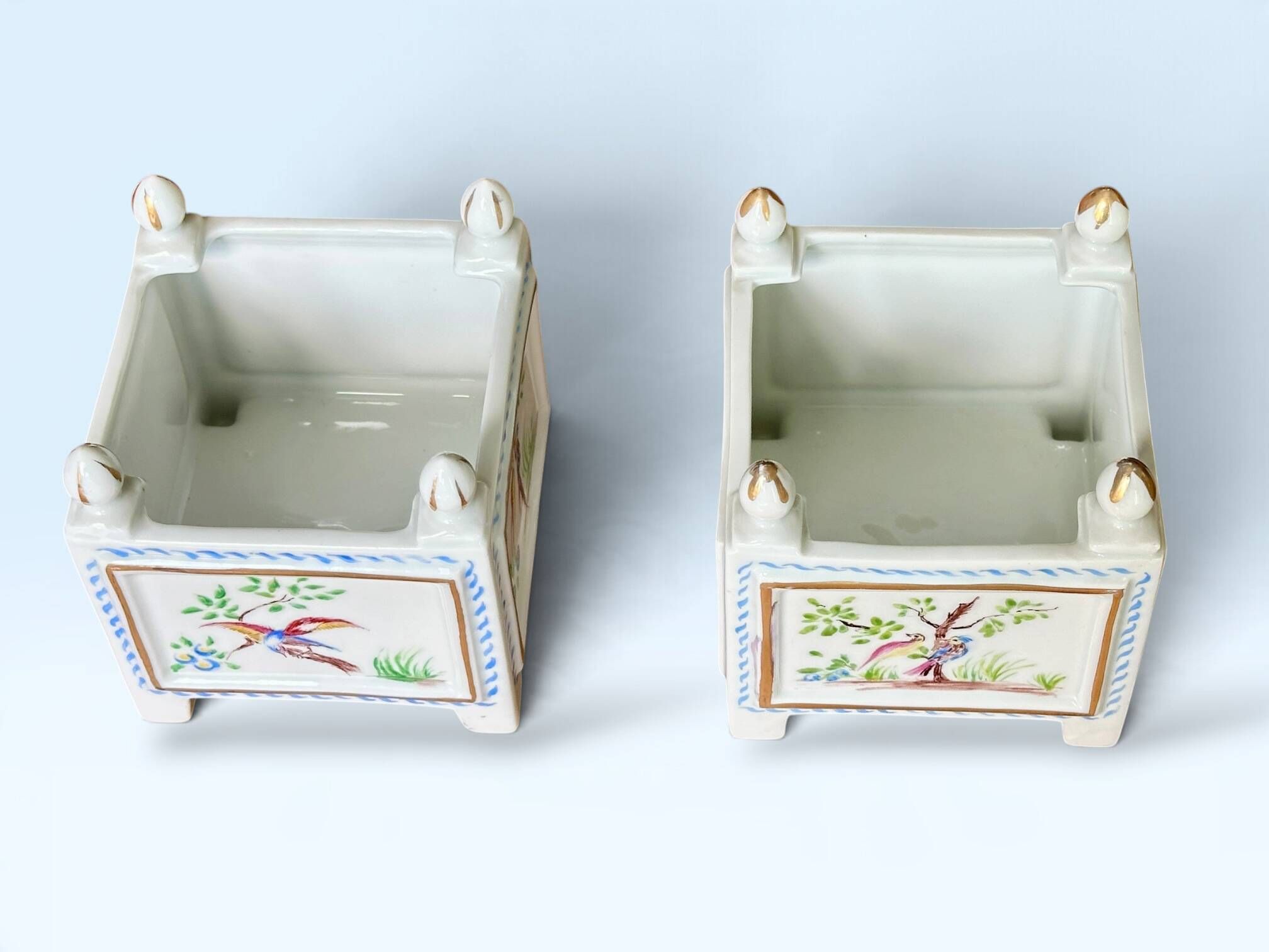 Pair of square flower pots, porcelain planters from Limoges, signed.