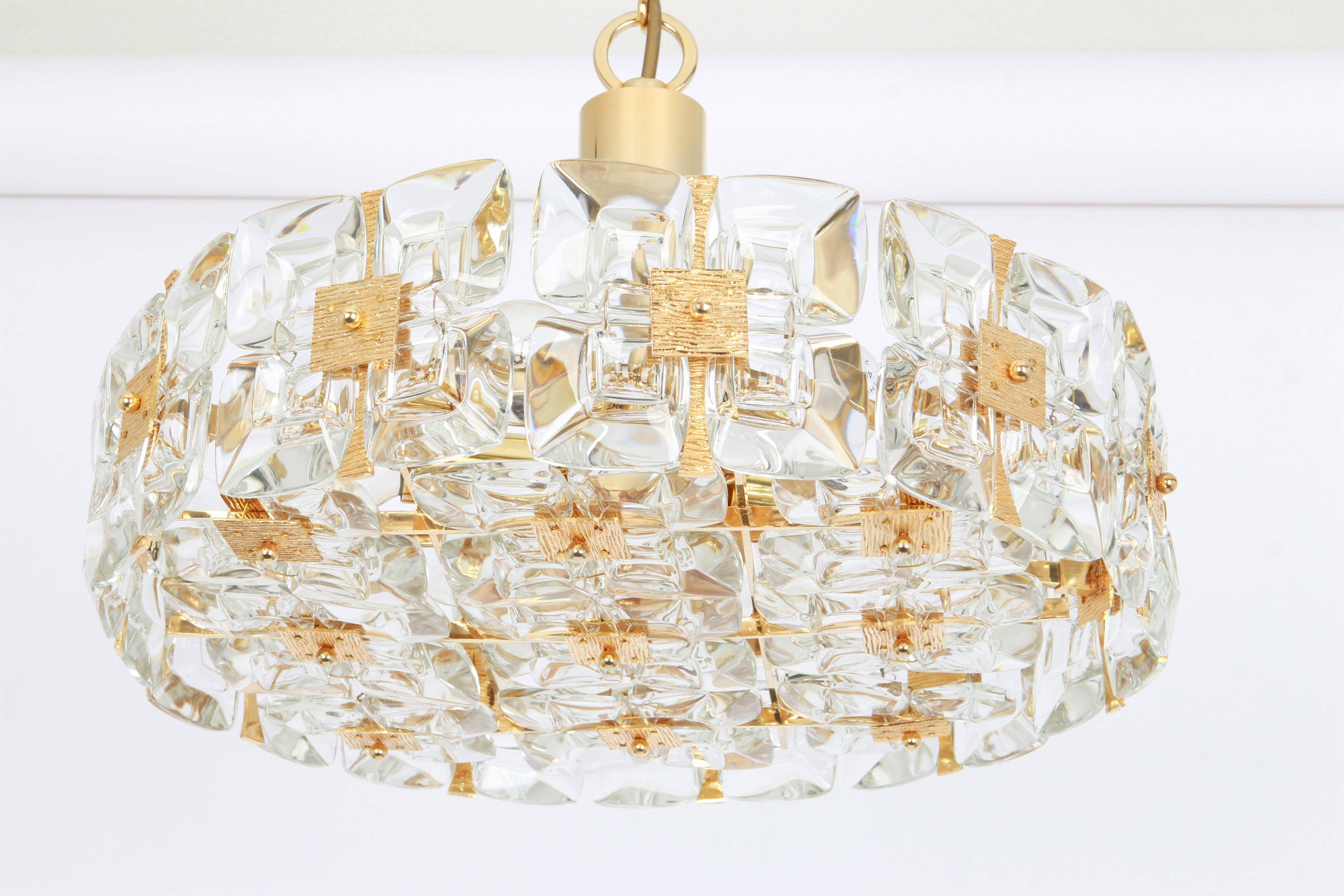 Golden brass and crystal chandelier, Sciolari design by Palwa, Germany, 1970s.