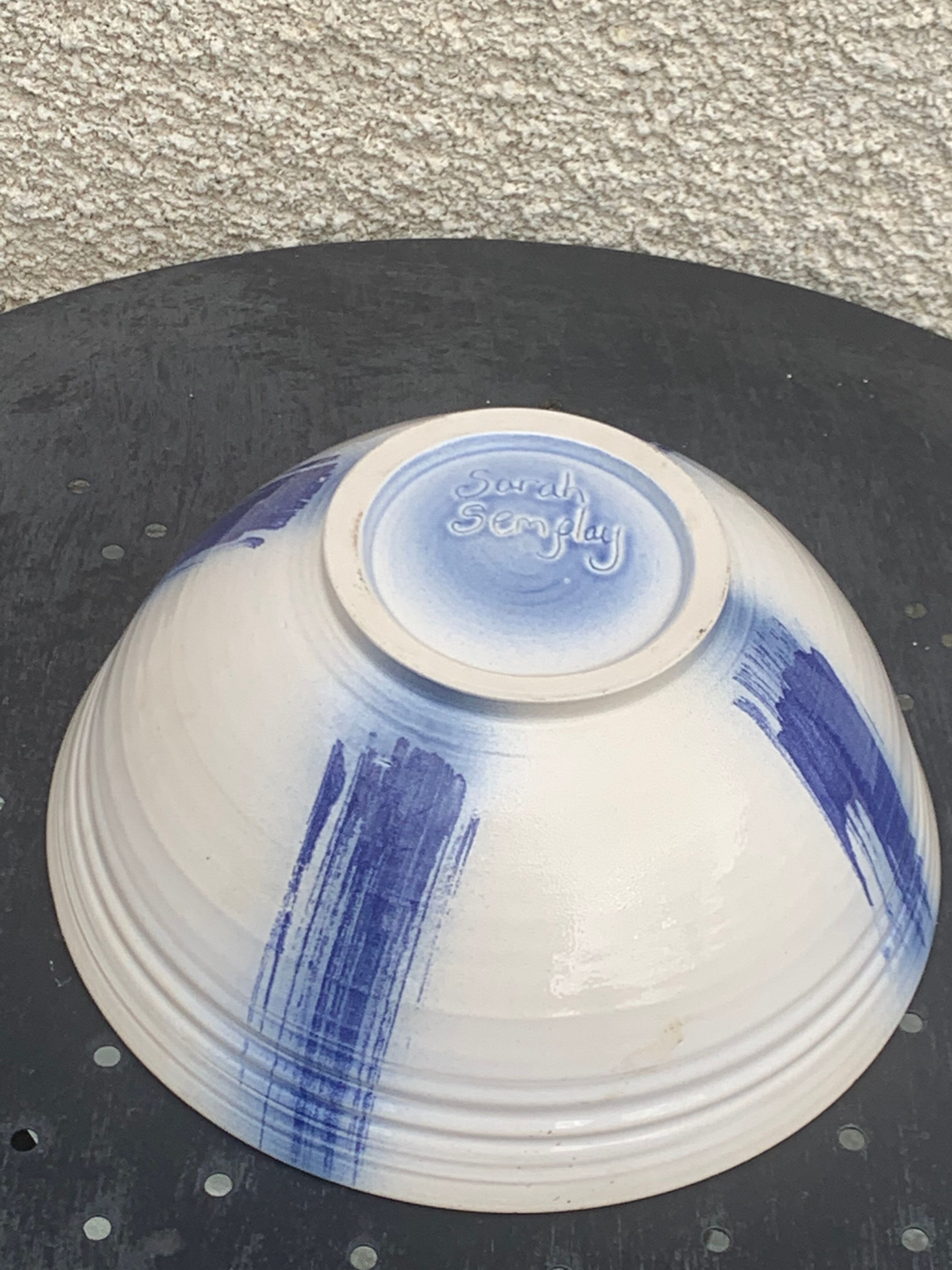 Glazed ceramic salad bowl signed by ceramicist Sarah Semplay vintage