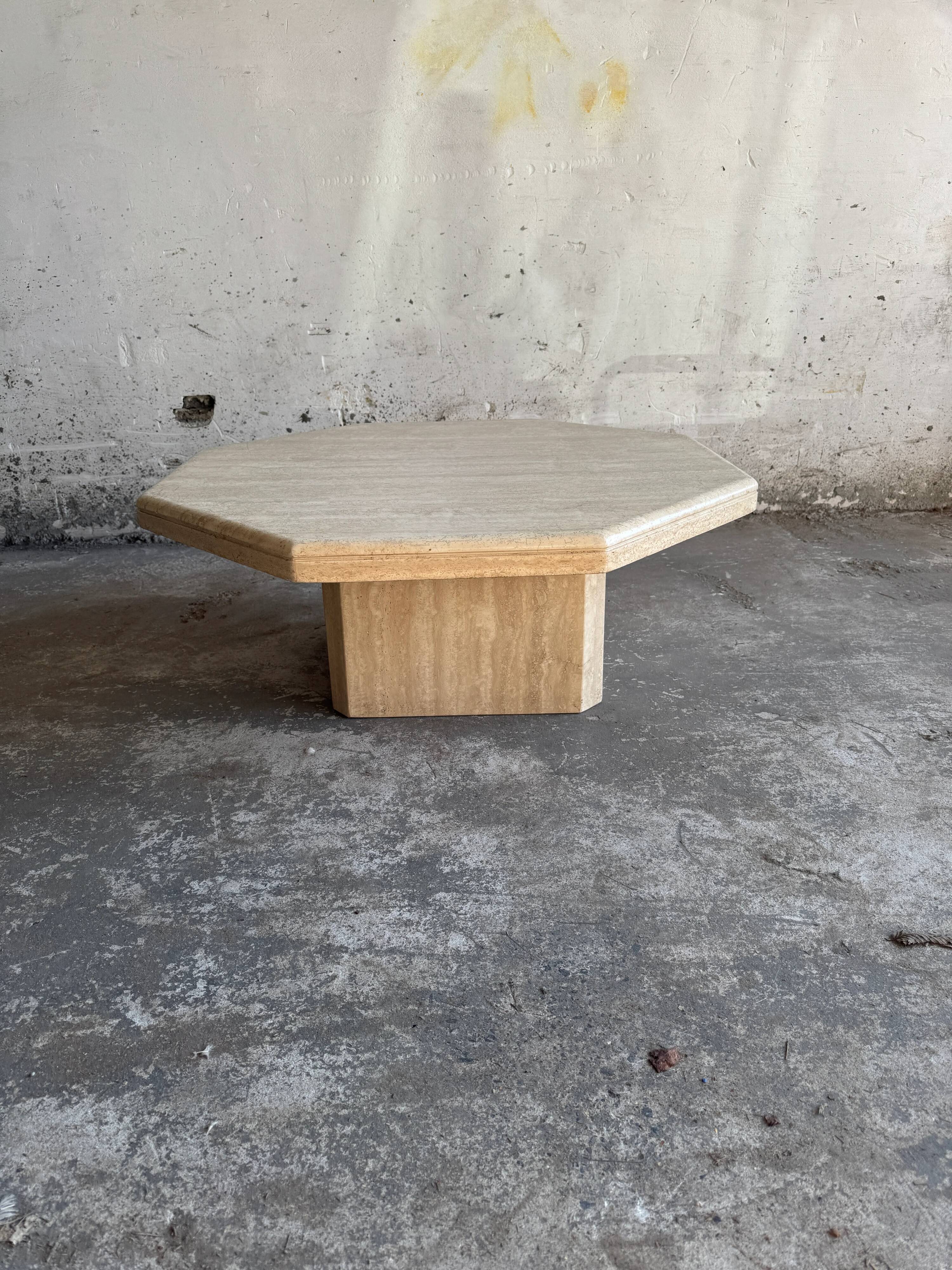 Beige Travertine Sculptural Coffee Table — Hexagonal Solid Natural Stone, Brutalist Design
