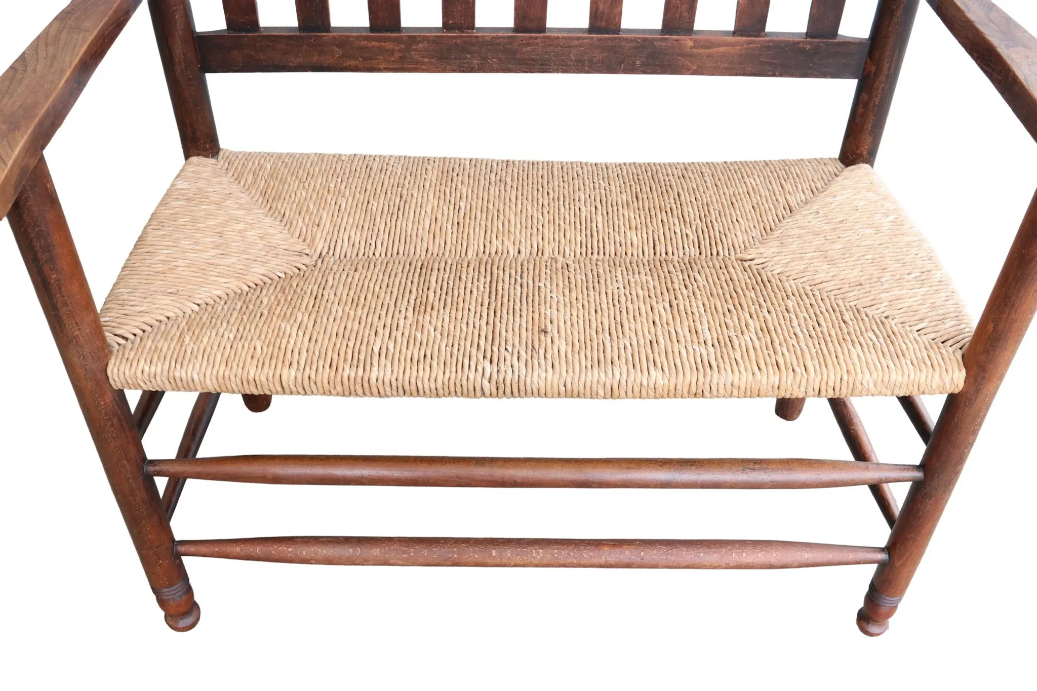 Antique Dutch wooden bench with woven seat