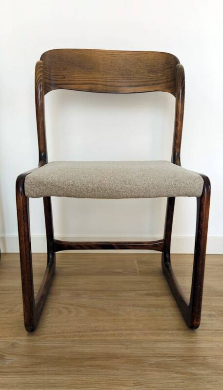 Set of 4 vintage Baumann "Sled" chairs in bent wood.