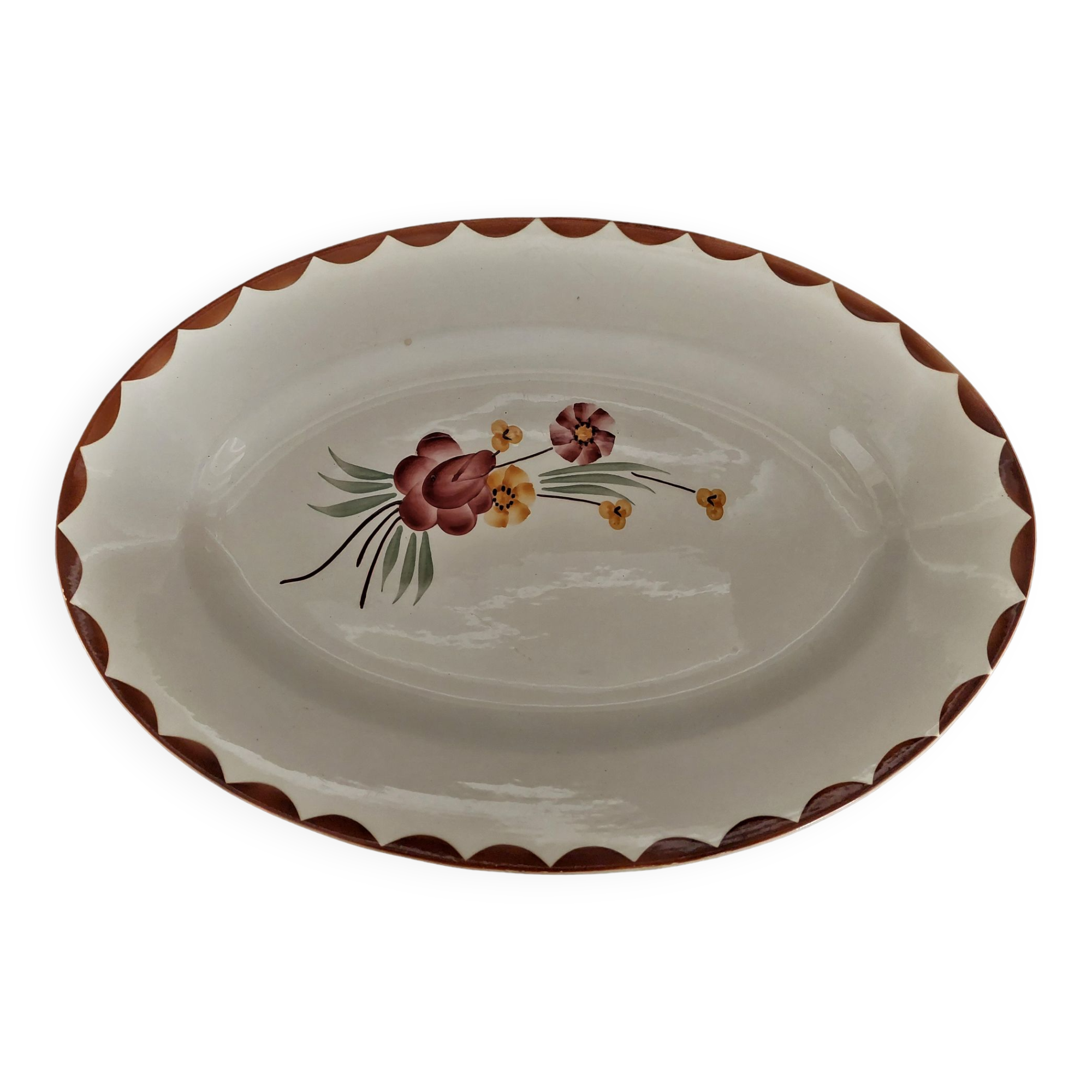 Oval earthenware serving dish HBCM Creil Montereau décor Huguette early twentieth century