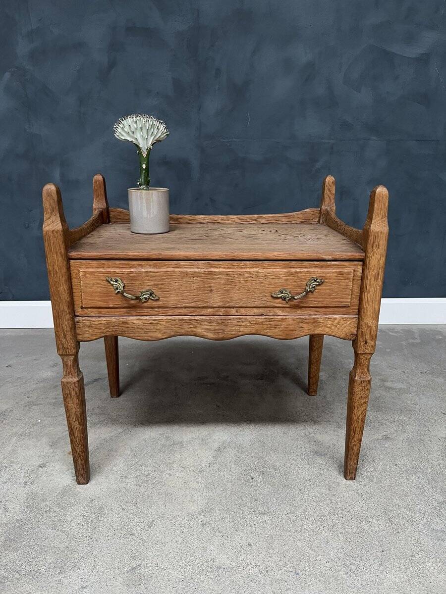 Vintage Oak Bedside Table with Brass Handle by Henning Kjærnulf, 1950s