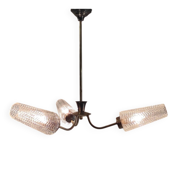Lustre 3 feux en laiton et tulipes en verre - années 50/60