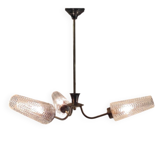 Brass chandelier with three lights and glass tulips - 1950s/60s