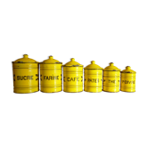 6 spice jars yellow and black enamelled sheet metal, fireplace pot