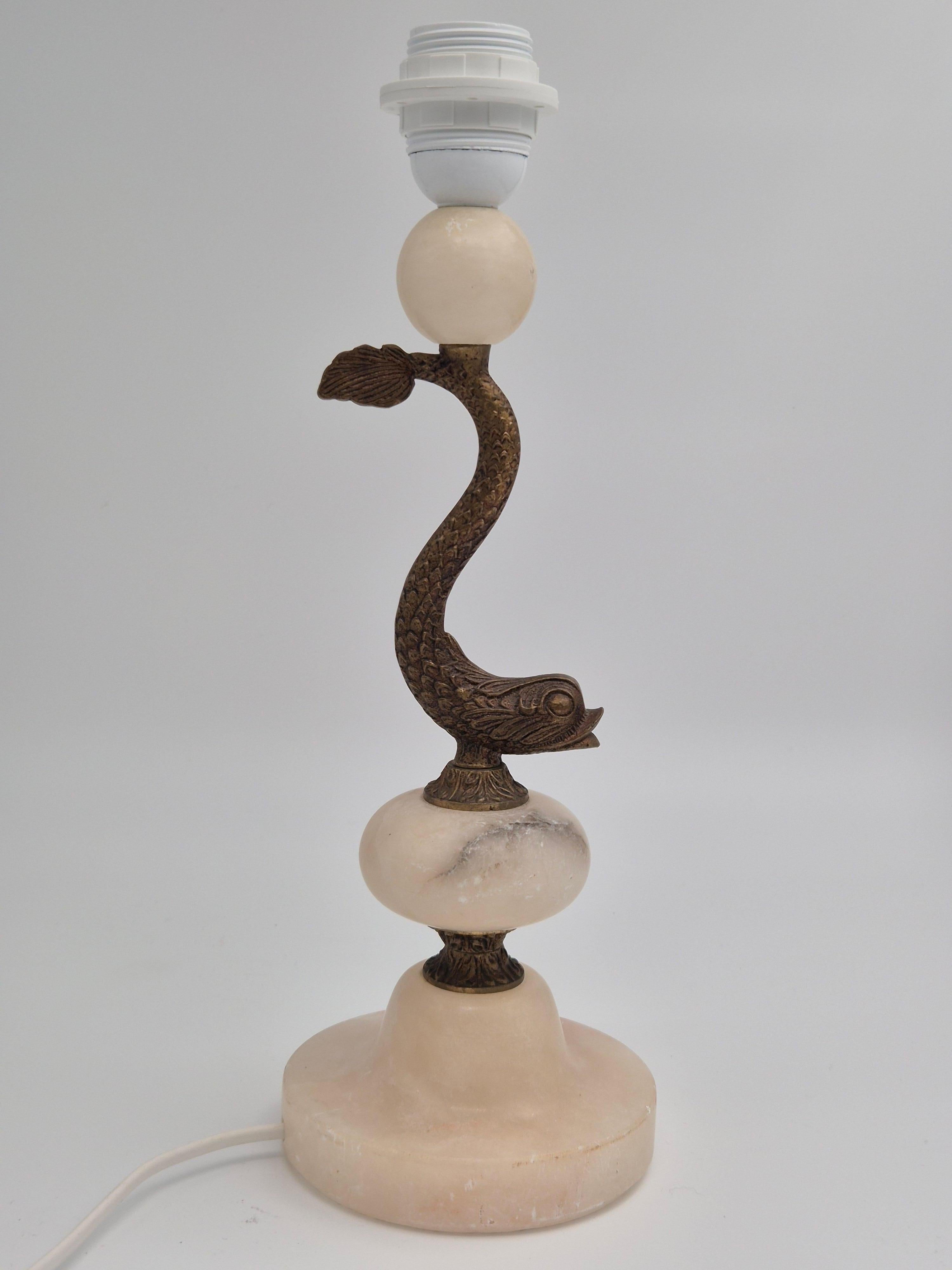 Sculptural table lamp in alabaster with fish/dolphin decoration, Swedish Grace