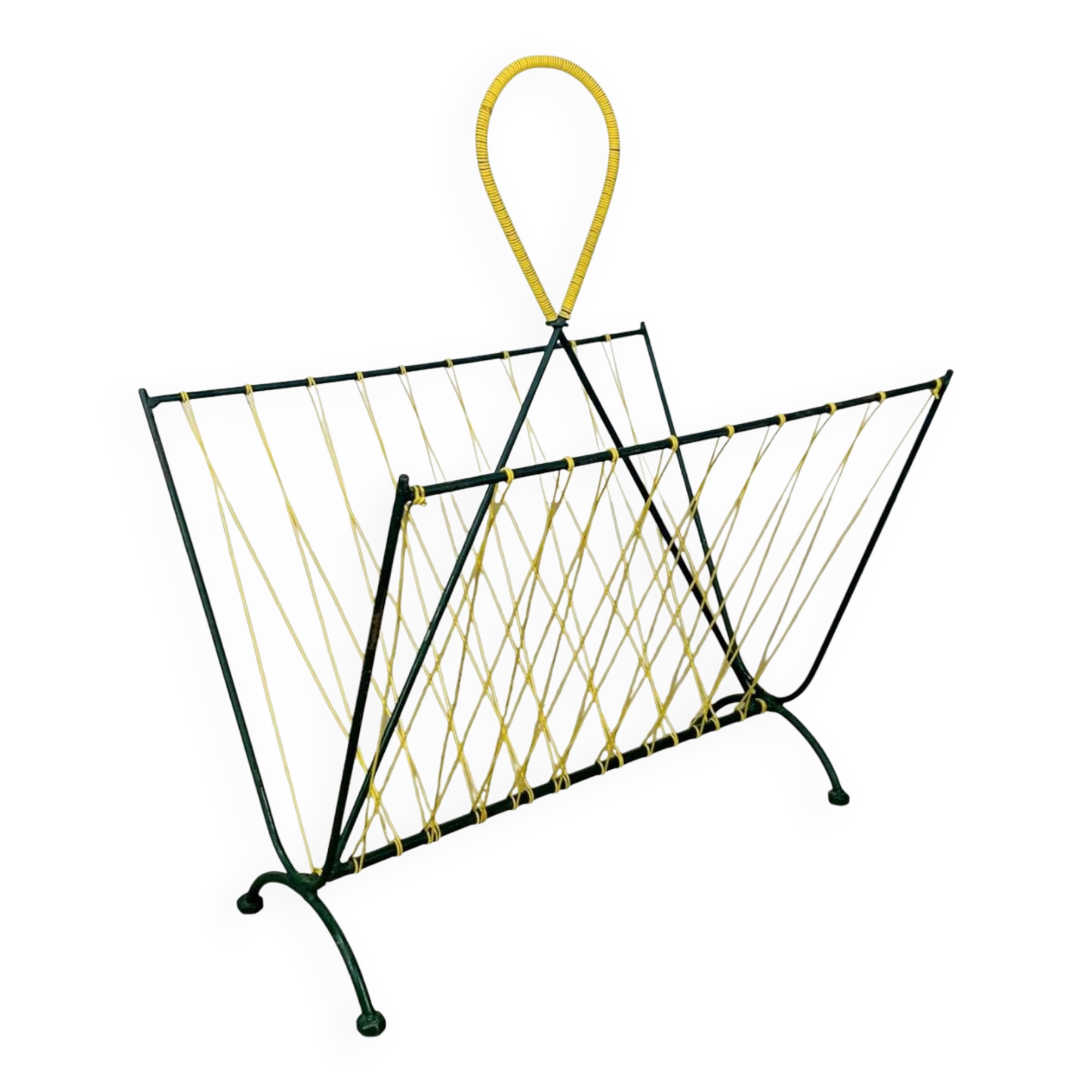 50s metal magazine rack with scoubidou