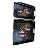 Vintage lacquered nesting tables duo – Floral decor and scoop handles.