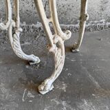 Pair of cream-white cast iron side tables with wooden tops — neoclassical shabby-chic