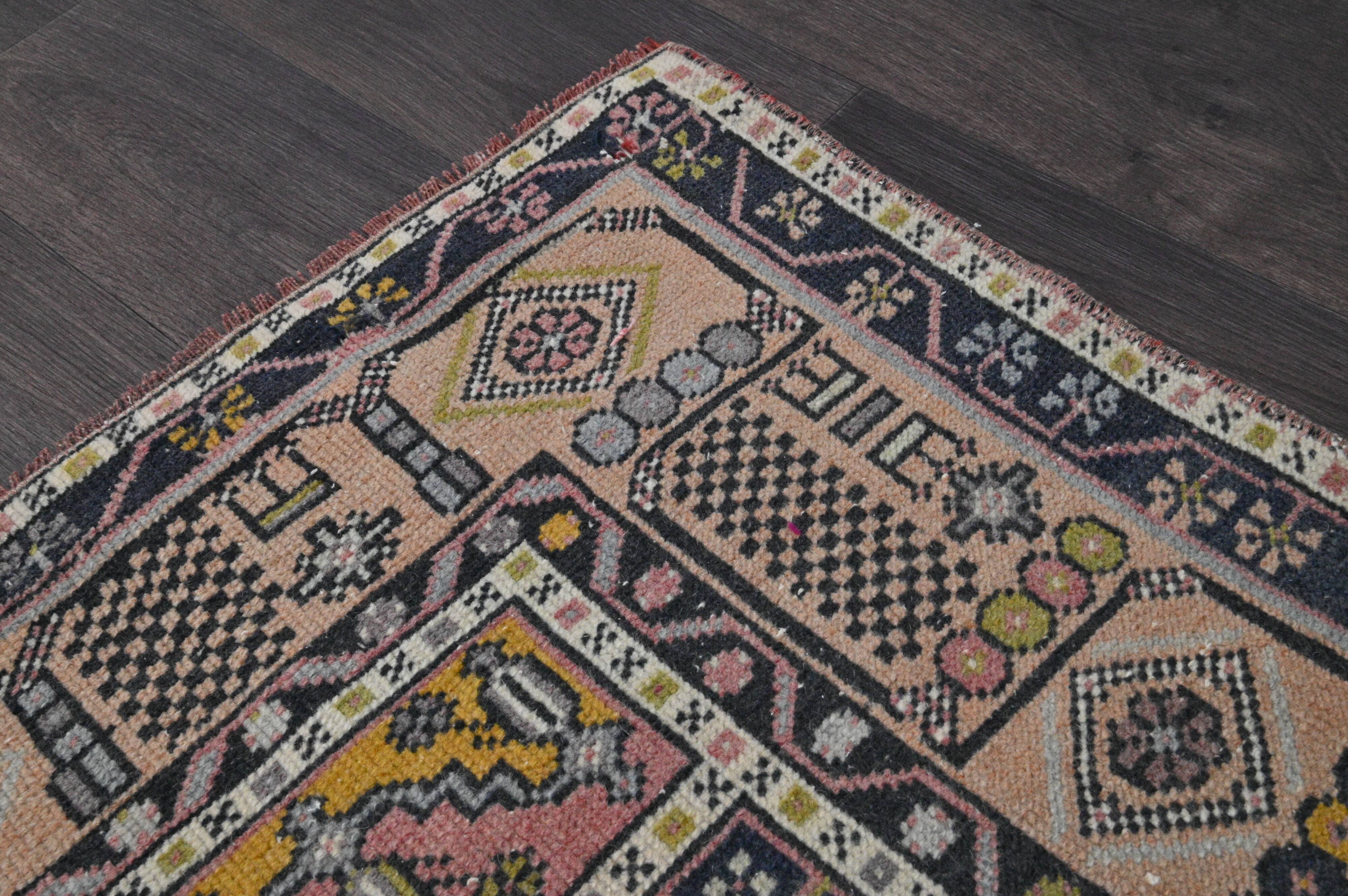 Vintage Turkish rug 134x240 cm, pink and navy blue tones, handmade wool