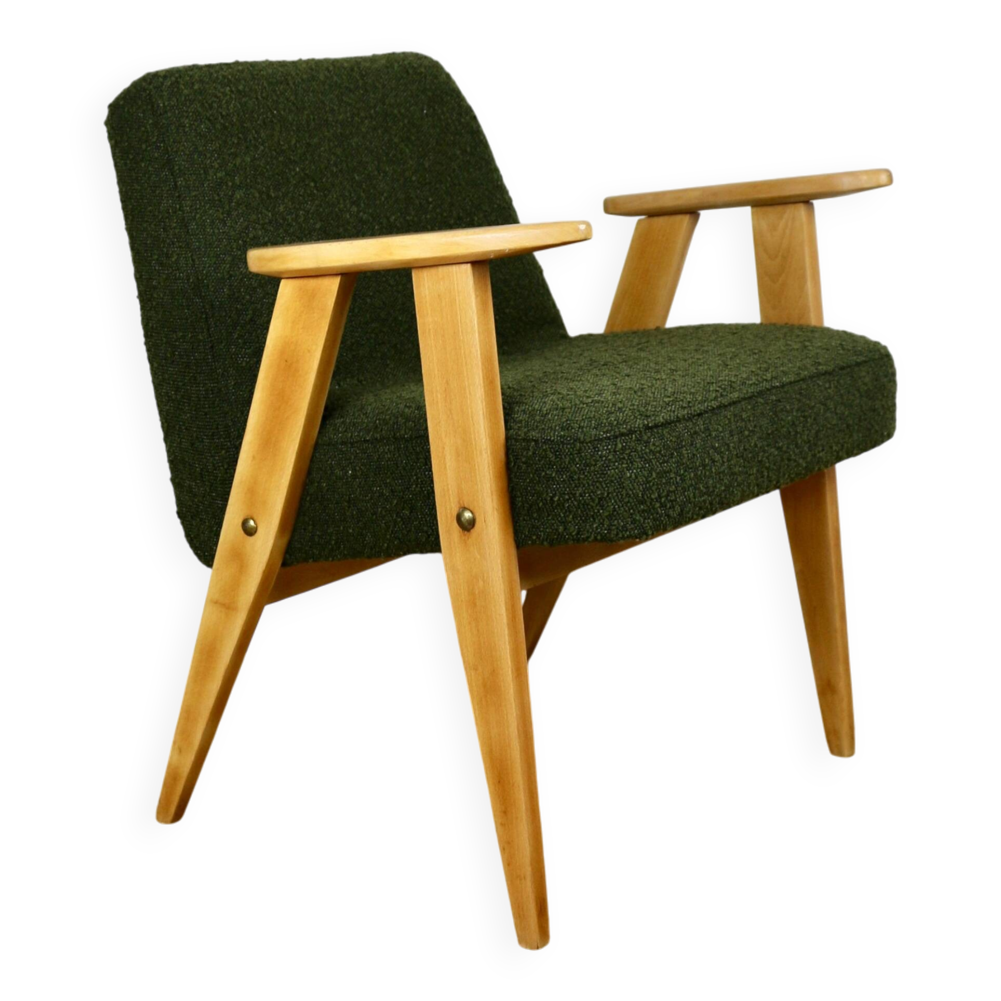 Chierowski 366 armchair, 1970s, olive green vintage boucle - light wood