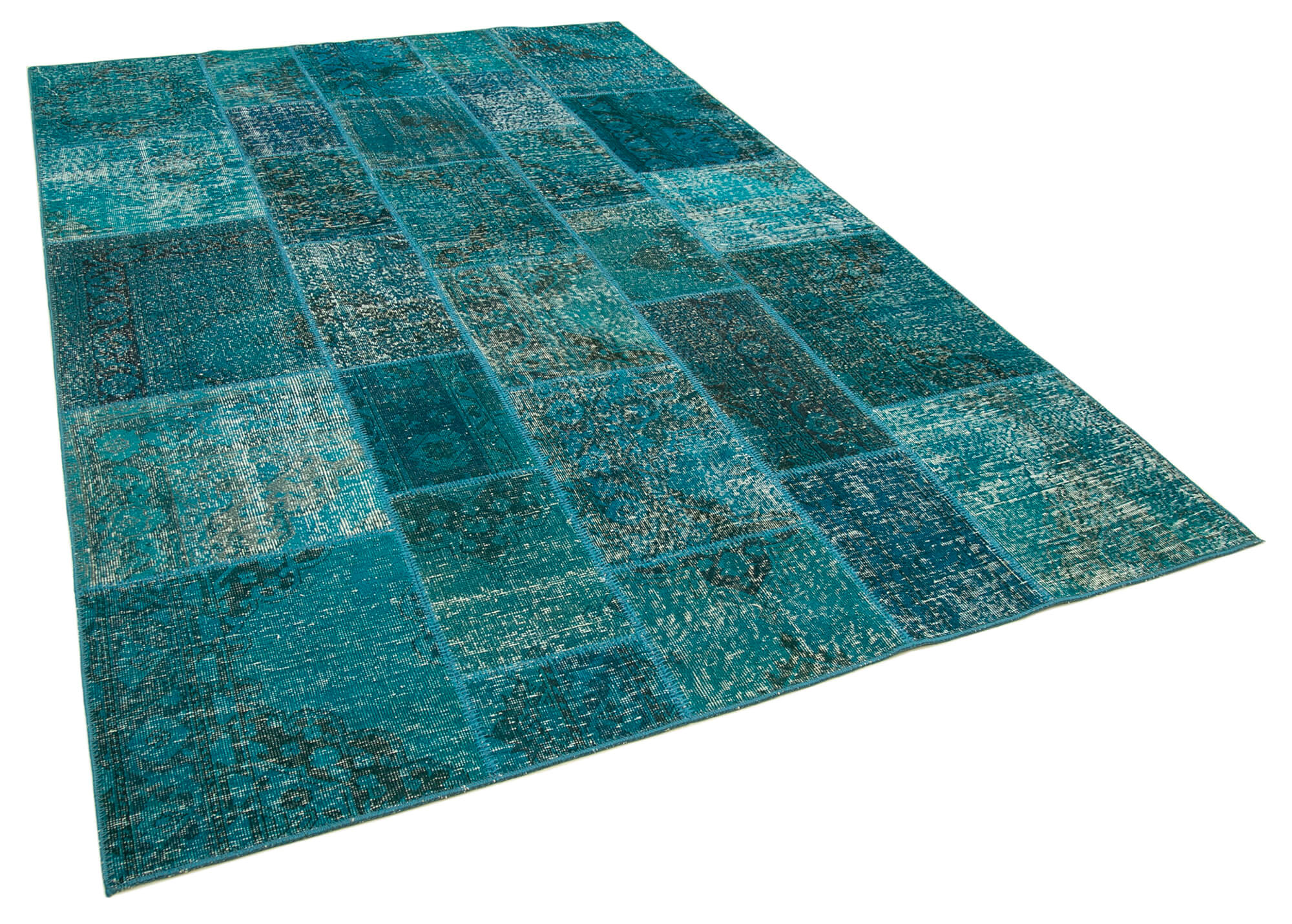 Hand-knotted oriental overdyed 200 cm x 298 cm turquoise patchwork rug