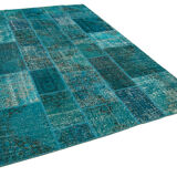 Hand-knotted oriental overdyed 200 cm x 298 cm turquoise patchwork rug