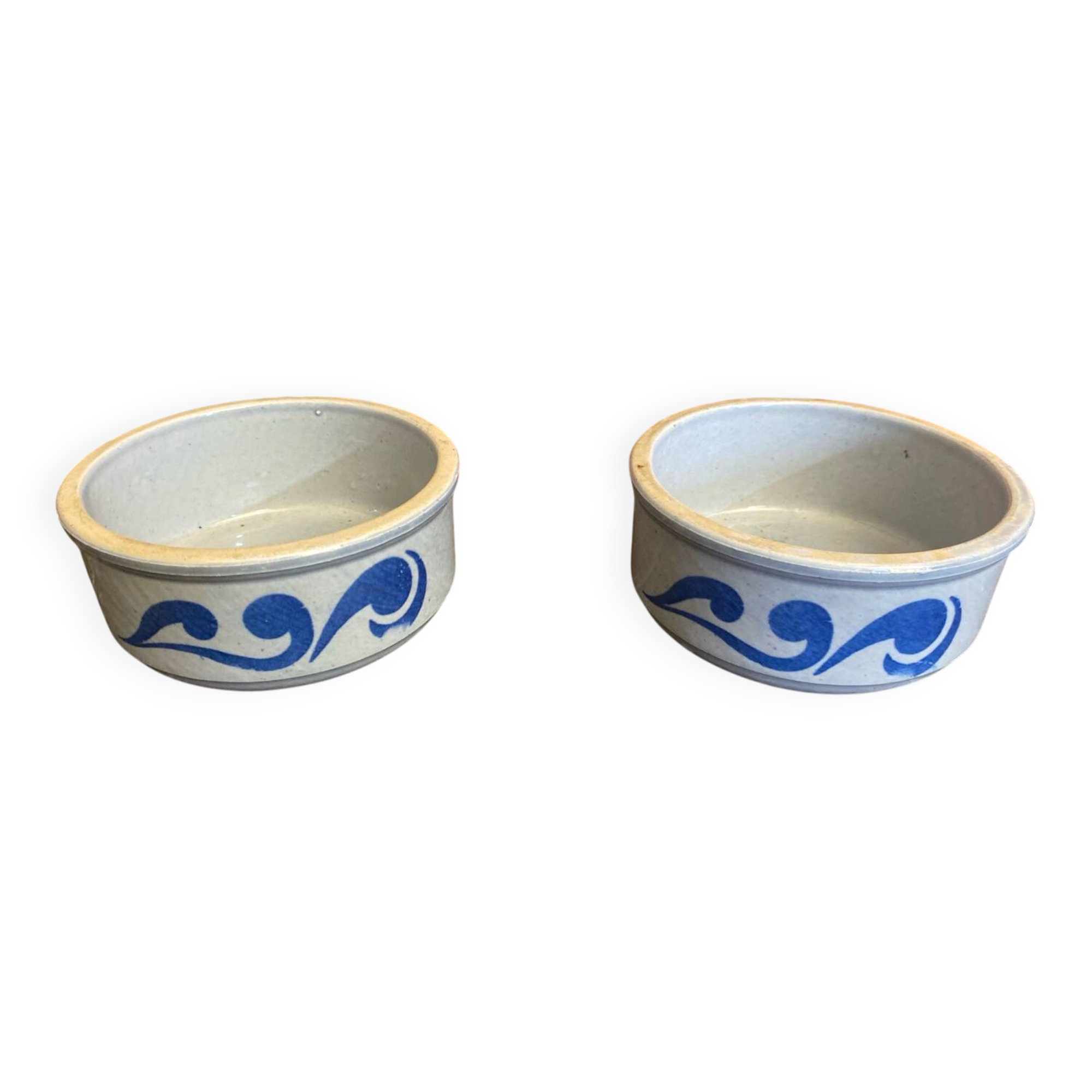 Pair of antique bowls handarbeit salt glaze blue decor vintage #d662