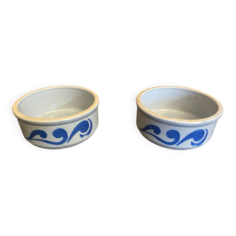 Pair of antique bowls handarbeit salt glaze blue decor vintage #d662