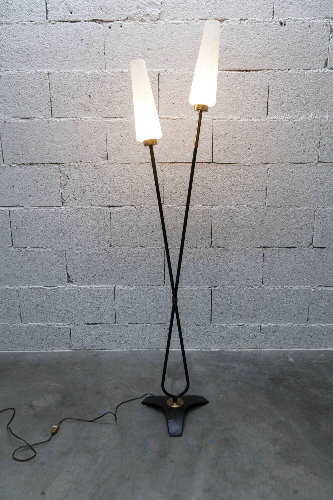 Arlus floor lamp with tripod base and 2 ribbed glass lamps 1950